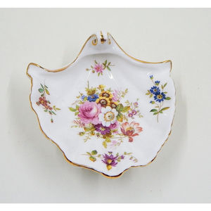 Hammersley Bone China Shell Trinket Pin Candy Footed Dish Floral Gold Trim